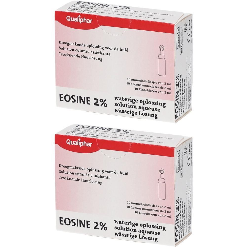 Twee dozen Qauliphar Eosine 2%. Witte dozen met rode tekst. Tekst in het Nederlands, Frans en Duits.