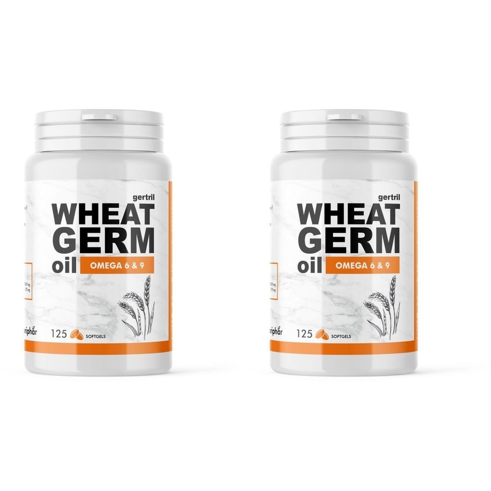 Twee witte flessen met opschrift WHEAT GERM oil OMEGA 6 & 9. Opschrift gertril en 125 softgels.