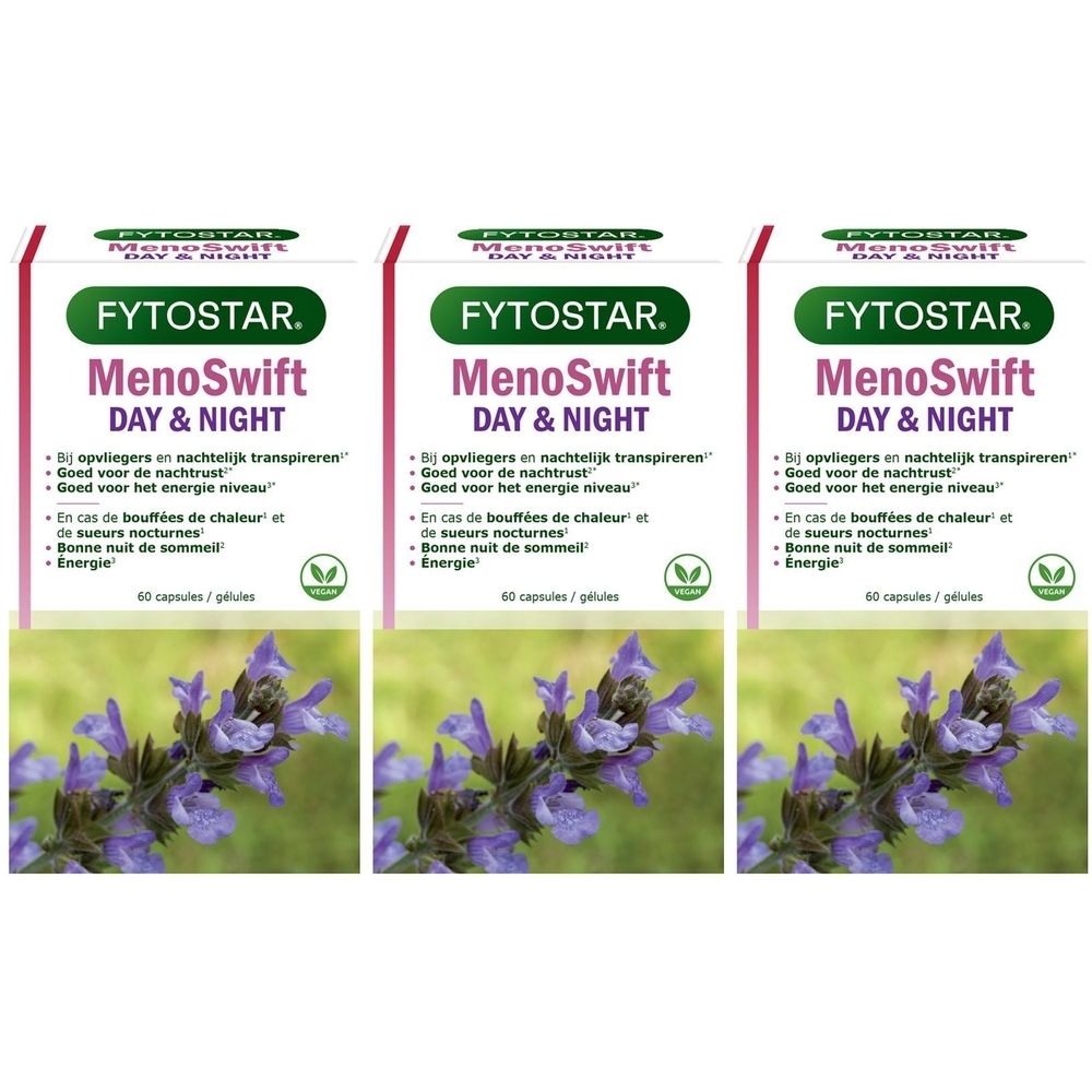 Drie dozen met productopdruk. Tekst: FYTOSTAR, MenoSwift DAY & NIGHT. 60 capsules. Met bloemenachtergrond.