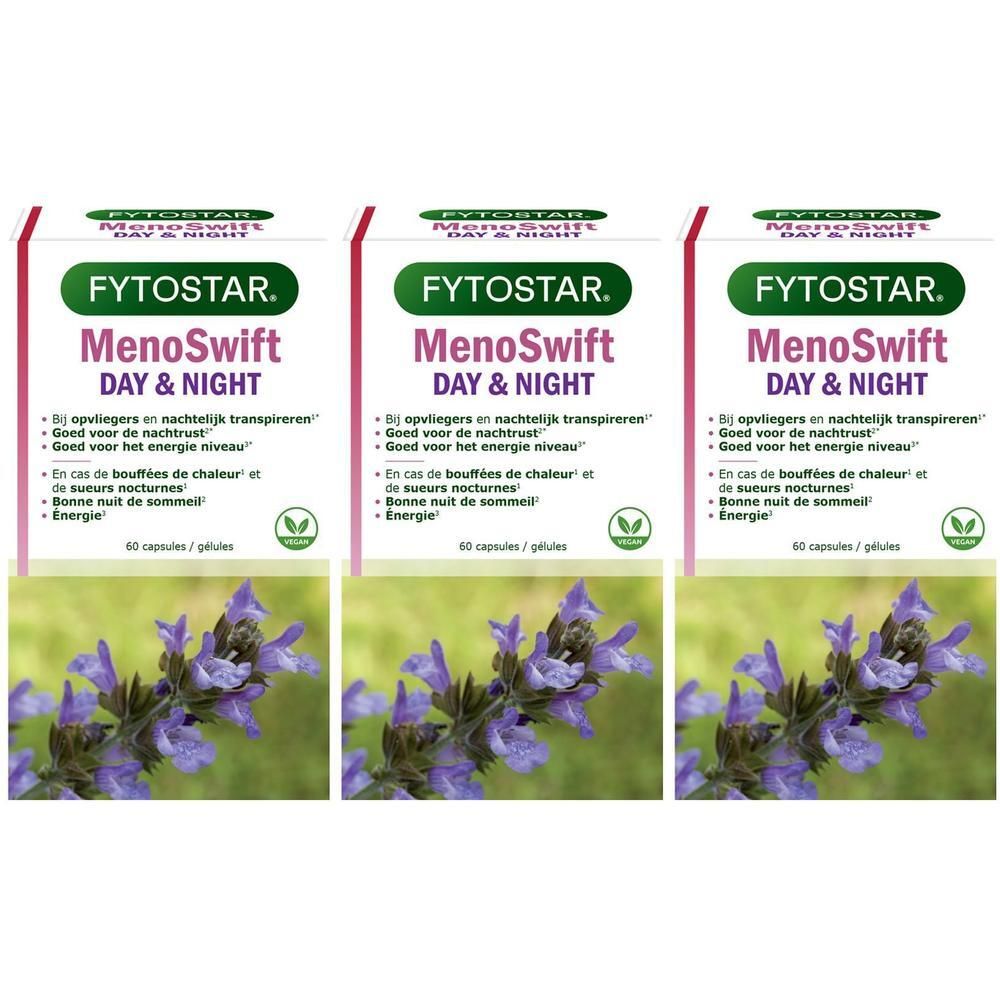 Drie verpakkingen Fytostar Menoswift Dag & Nacht capsules met lavendelbloemenafbeelding.
