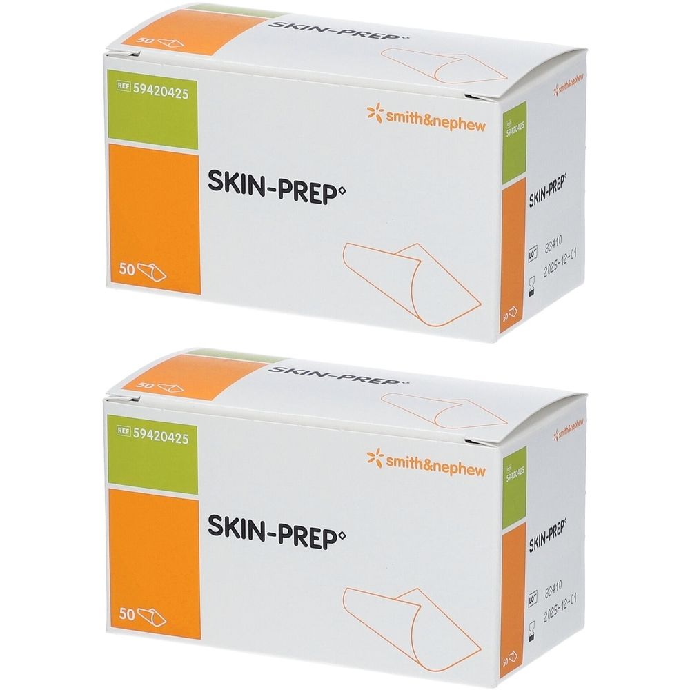 Twee dozen SKIN-PREP. Opschriften: Smith & Nephew, 50 stuks, met oranje en groene accenten.