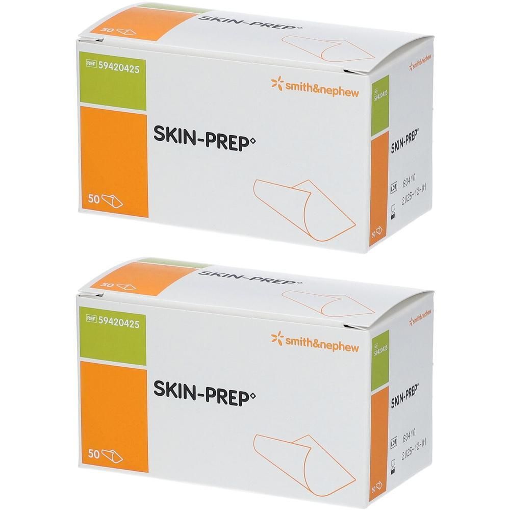 Twee dozen Skin-Prep. Wit, met oranje en groene accenten. Opschrift Skin-Prep en Smith & Nephew logo.