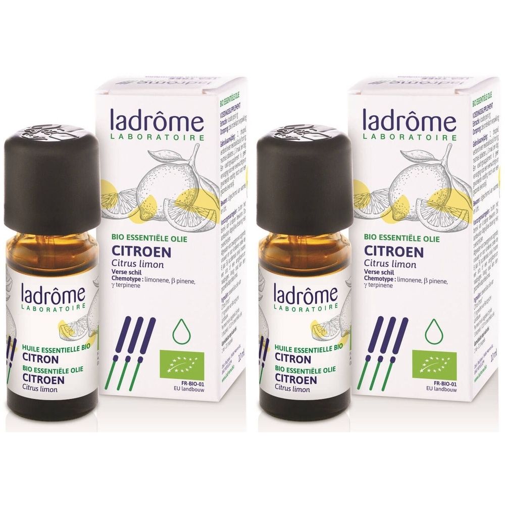 Twee flesjes met zwarte dop en kartonnen verpakking. Op de verpakking staat "ladrôme" en "CITROEN". Bio-keurmerk.