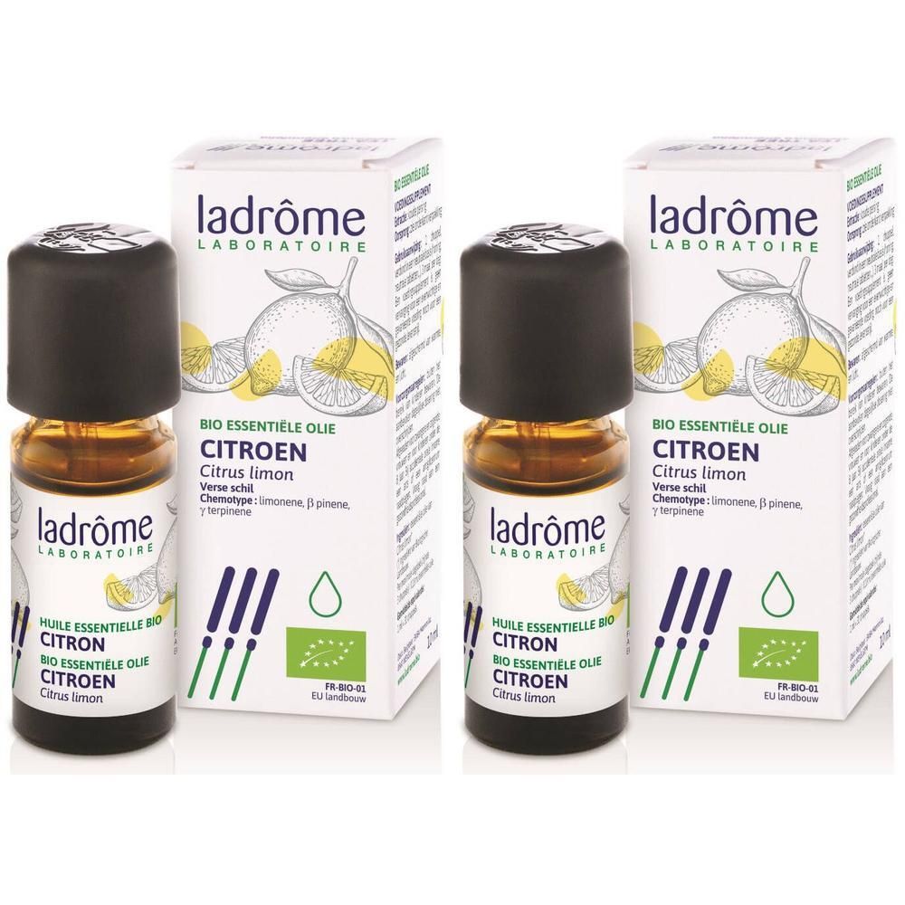 Deux flacons et deux boîtes. Inscription: Ladrôme, Bio Essentiel Ole, Citron. Label bio.