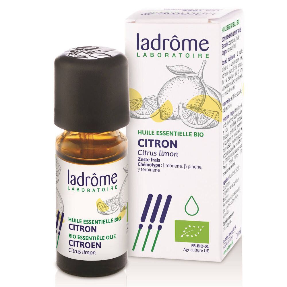 Un flacon et une boîte. Inscription: Ladrôme, Huile essentielle Bio, Citron. Label bio.