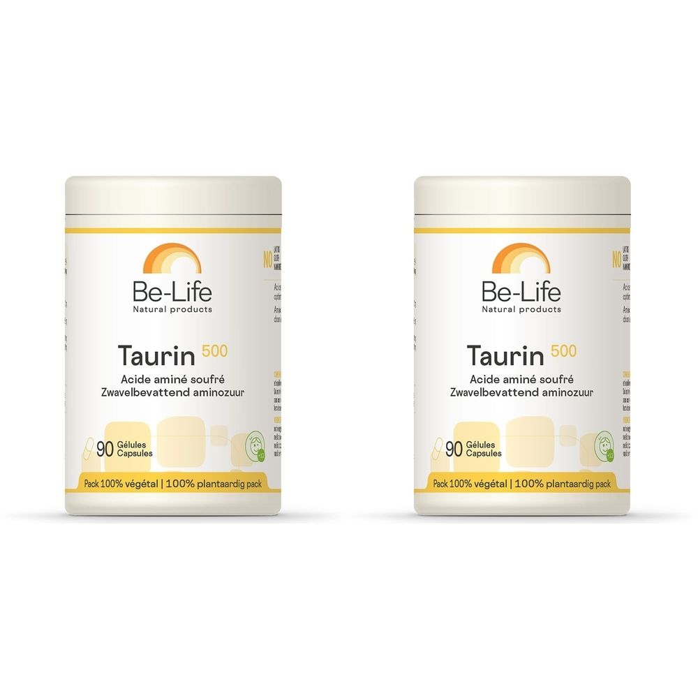 Twee witte Be-Life Taurine 500 potten. Opschrift: Taurine 500, 90 capsules, 100% plantaardig. Geel logo en tekst.