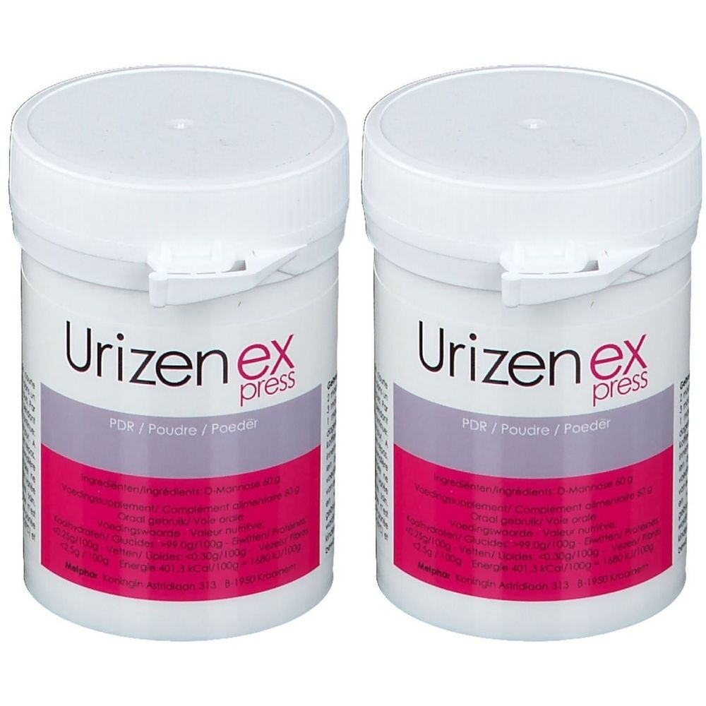 Deux pots blancs avec couvercles. Inscription Urizen ex press. En dessous, une bande rose avec du texte. Inscription POR / Poudre / Poeder.