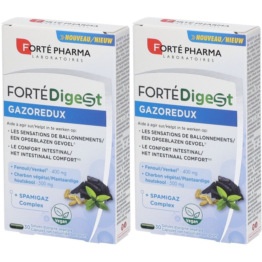 Deux boîtes de Forté Digest Gazoredux. Inscription: Forté Pharma, Nouveau/Nieuw, Vegan. Contient 30 gélules.