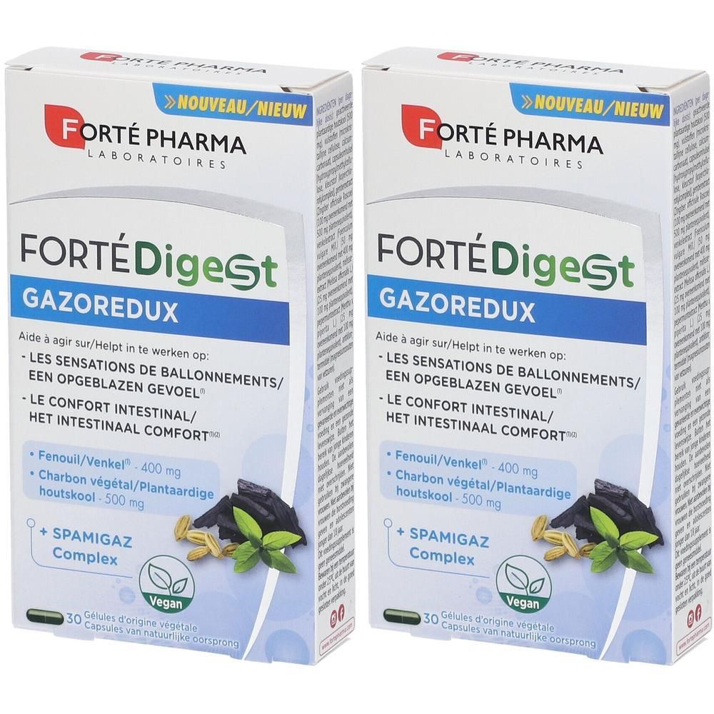Twee dozen Forté Digest Gazoredux. Witte verpakking met productnaam en logo. Bevat capsules.