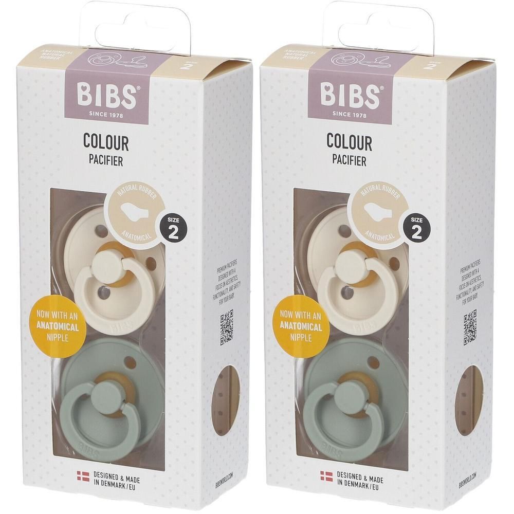 Twee verpakkingen BIBS fopspenen. Elke verpakking bevat twee crèmekleurige en groene fopspenen. Zichtbaar: merk, maat 2.