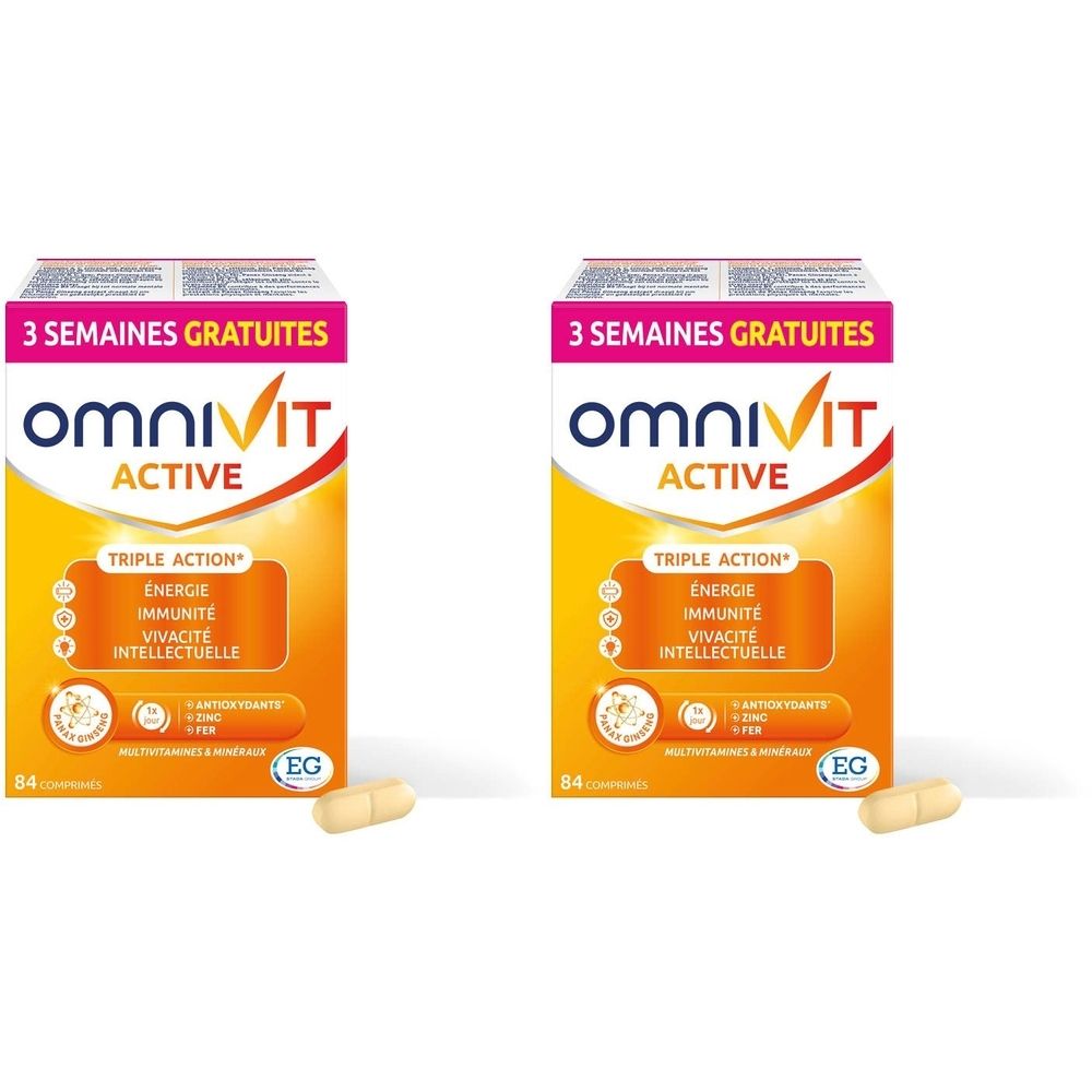 Deux boîtes Omnivit Active. Emballage orange avec texte. 84 comprimés. Deux gélules devant.