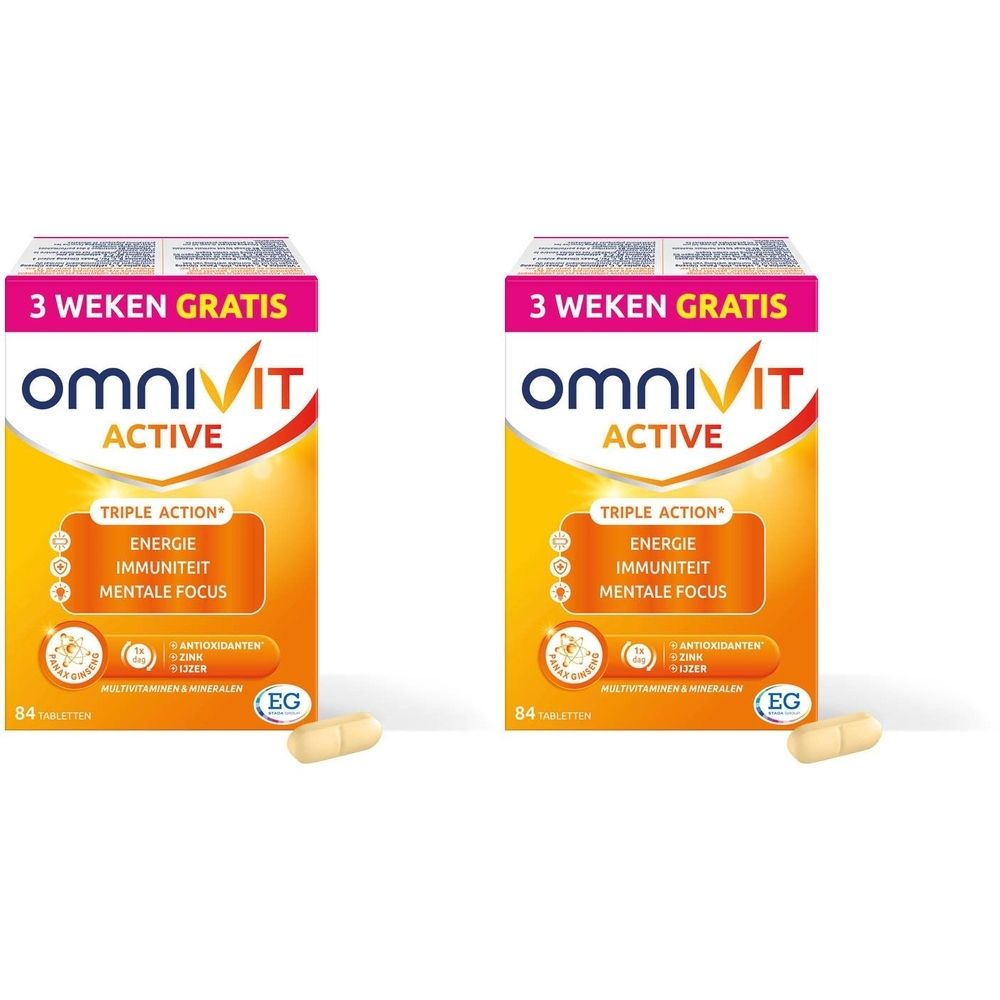 Twee verpakkingen Omnivit Active. Oranje verpakking met tekst. 84 tabletten. Twee capsules ervoor.