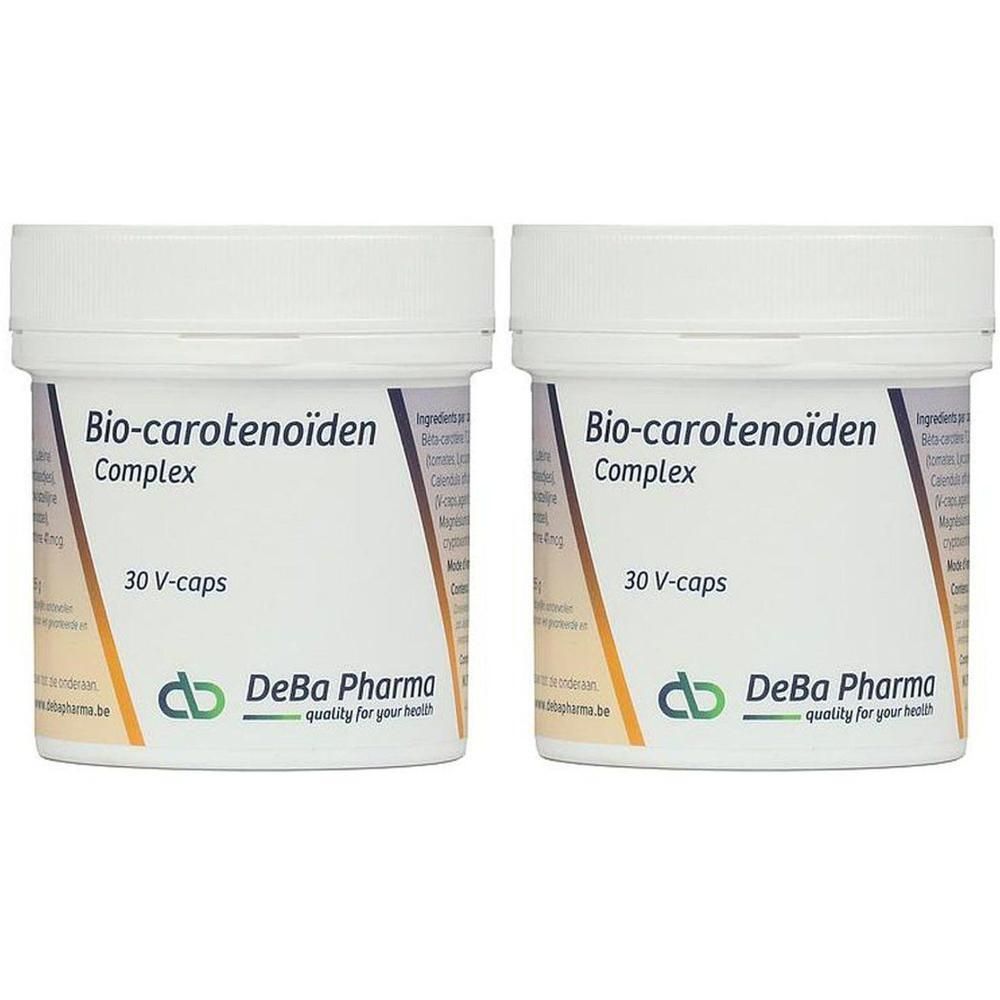 Twee potjes DeBa Pharma Bio-Carotenoïden Complex, elk 30 V-capsules.
