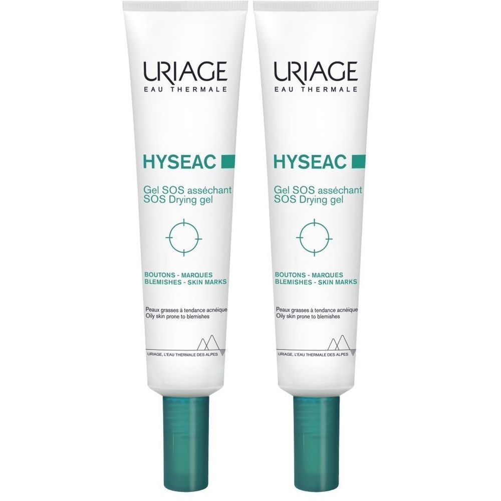 Twee tubes Uriage Hyseac Gel SOS asséchant. Witte tubes met groene accenten. Tekst: Hyseac, Gel SOS asséchant, BOUTONS-MARQUES.