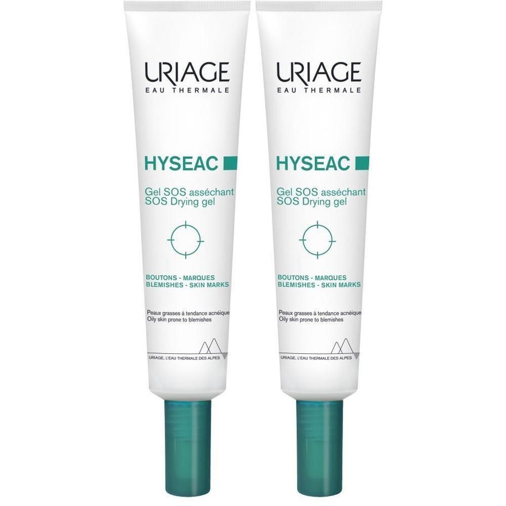 Twee tubes Uriage Hyseac Gel SOS. Wit, met groene accenten. Tekst: Hyseac, Gel SOS asséchant, Drying gel. Voor de onzuivere huid.
