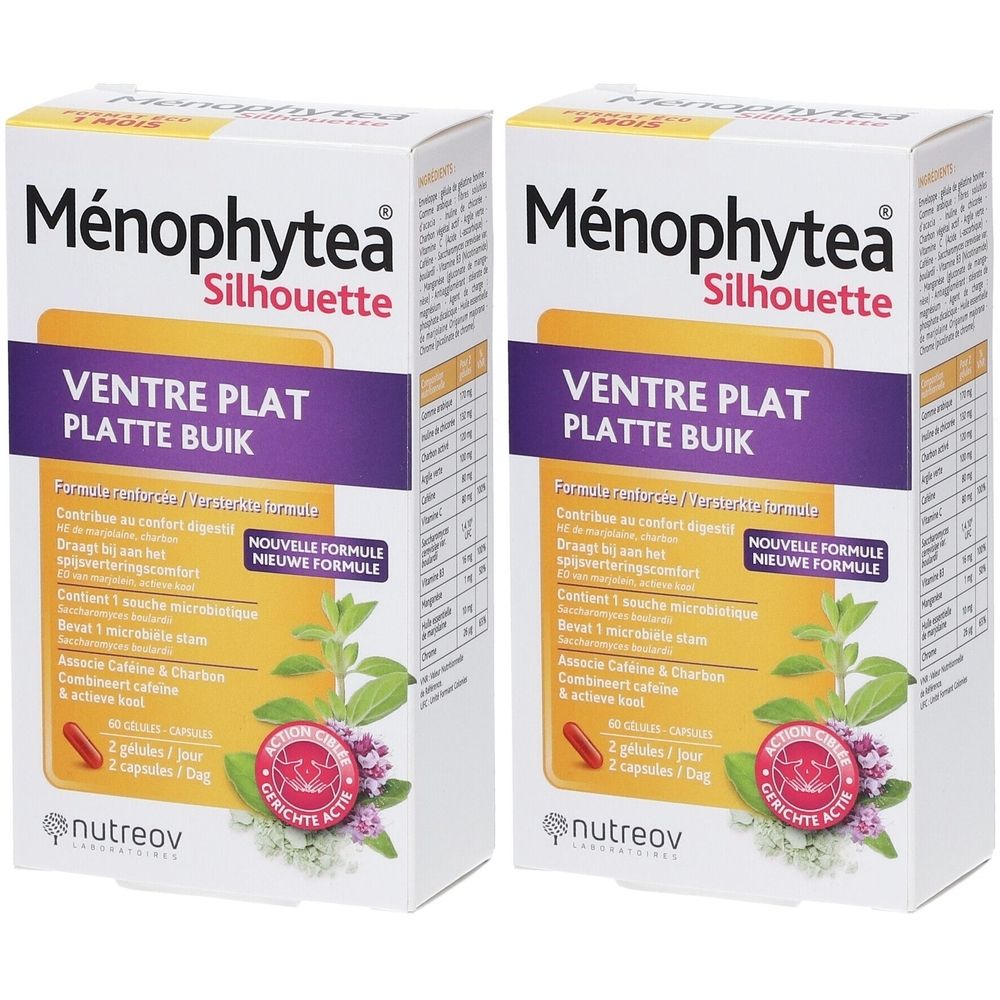 Twee rechthoekige dozen met productnaam Ménophytea Silhouette Ventre Plat. Opschrift: Nieuwe formule. Illustratie van rode capsules.