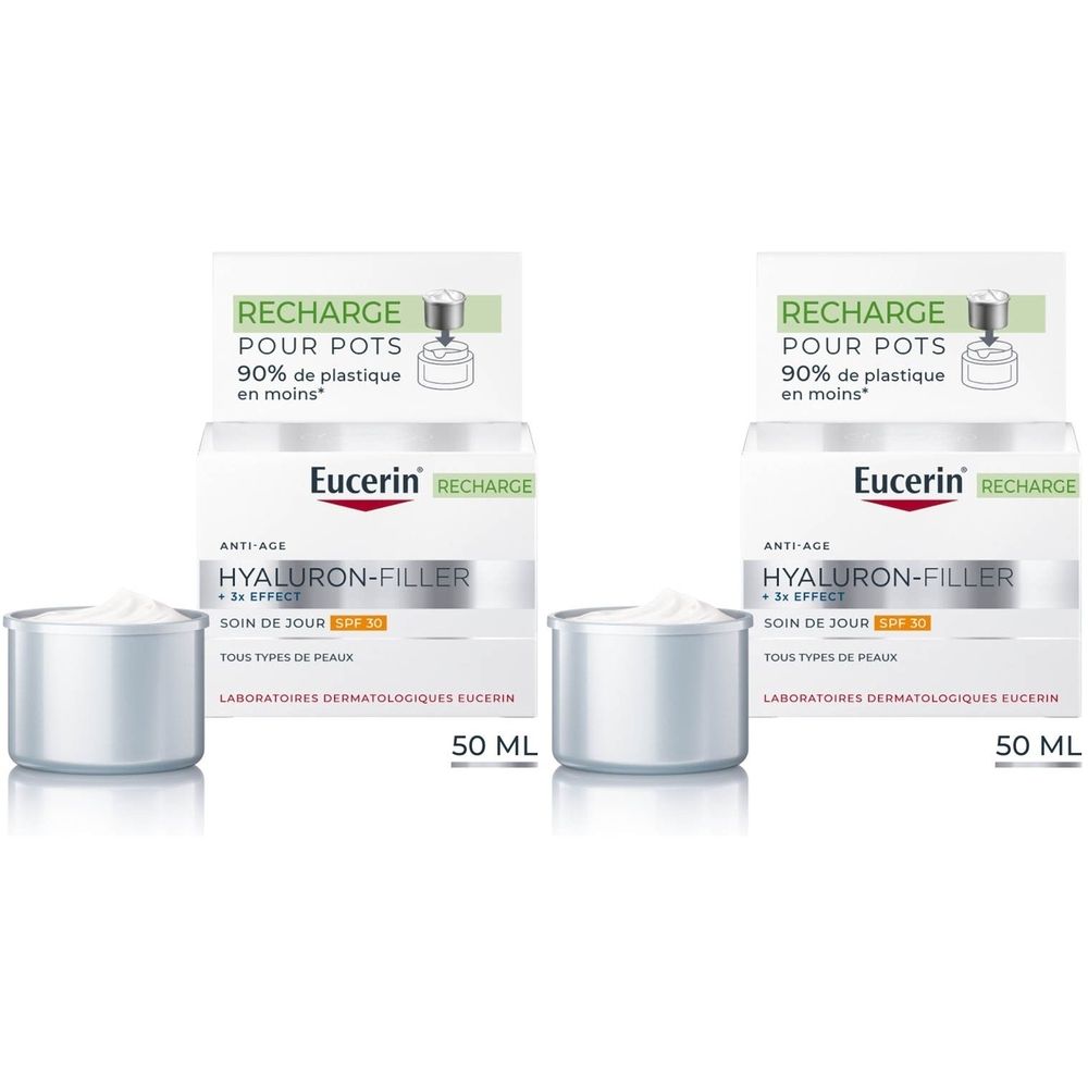 Deux pots Eucerin Hyaluron-Filler + 3x Effect Soin de Jour SPF 30, avec recharge. 50 ml. Emballage avec texte.