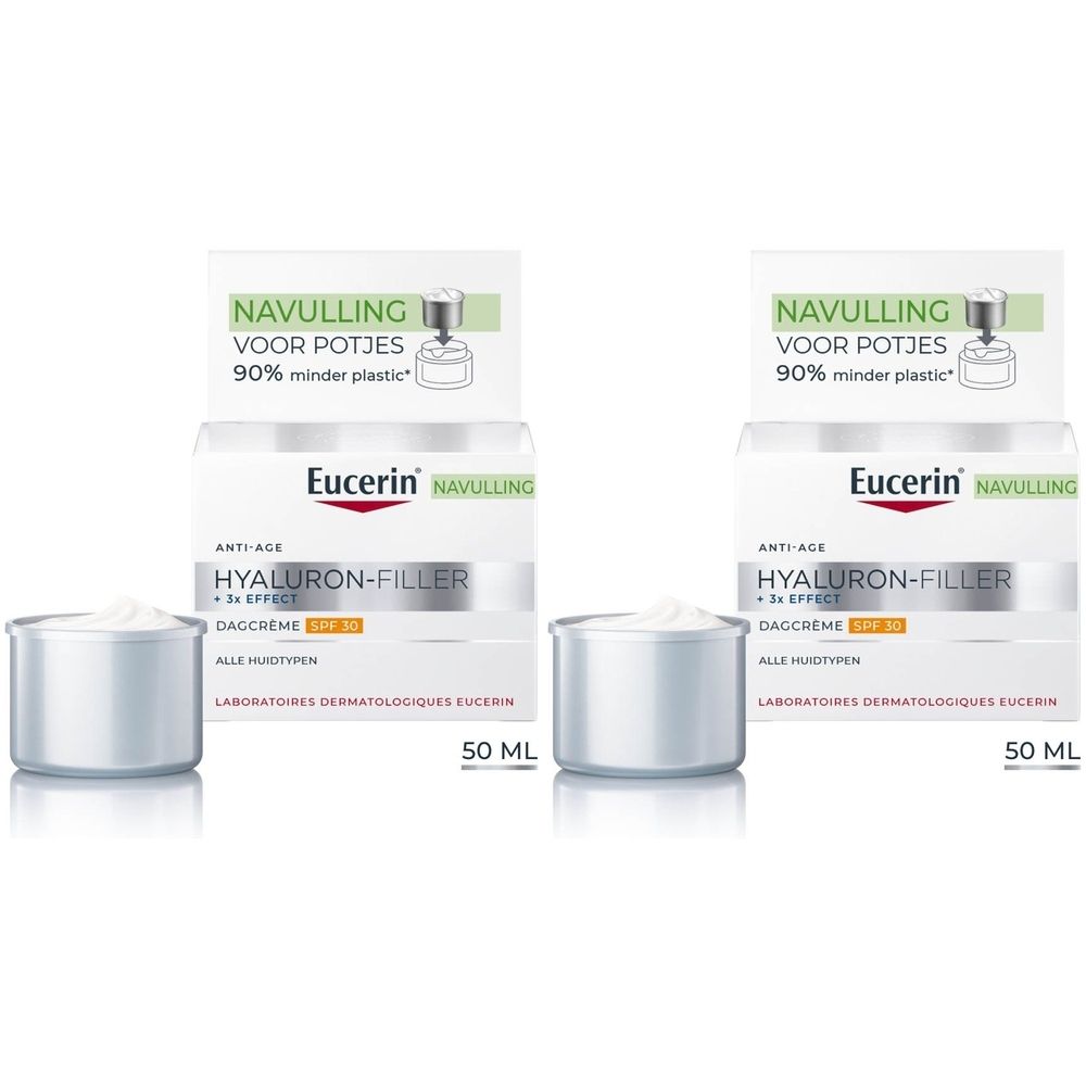 Twee potjes Eucerin Hyaluron-Filler + 3x Effect Dagcrème SPF 30, met navulling. 50 ml. Verpakking met tekst.