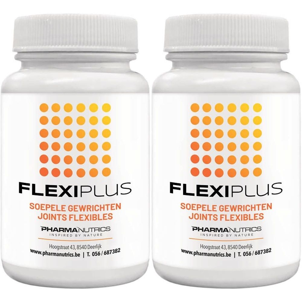 Twee witte flessen met FLEXIPLUS-label. Opschrift: SOEPELE GEWRICHTEN, JOINTS FLEXIBLES, PHARMANUTRICS. Witte dop.