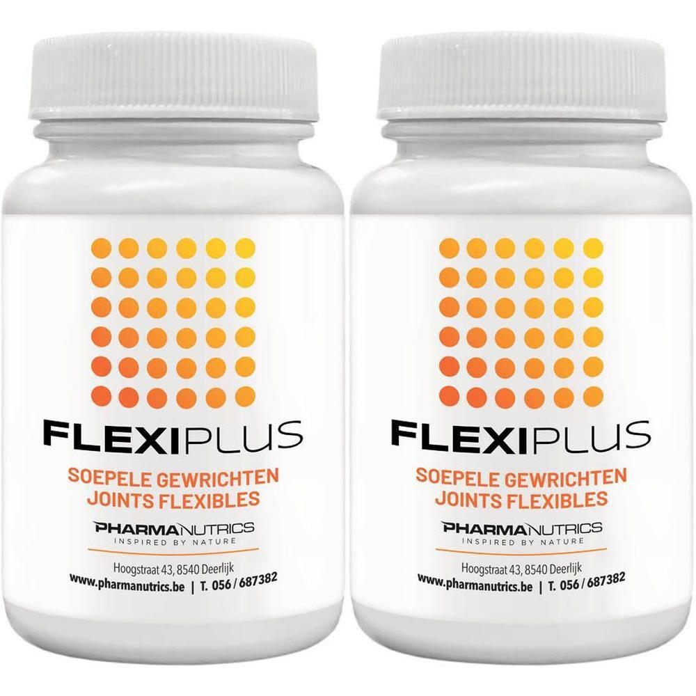 Twee witte flessen met de opdruk FLEXIPLUS. Opschrift: Soepele Gewrichten, Joints Flexibles. Oranje patroon.