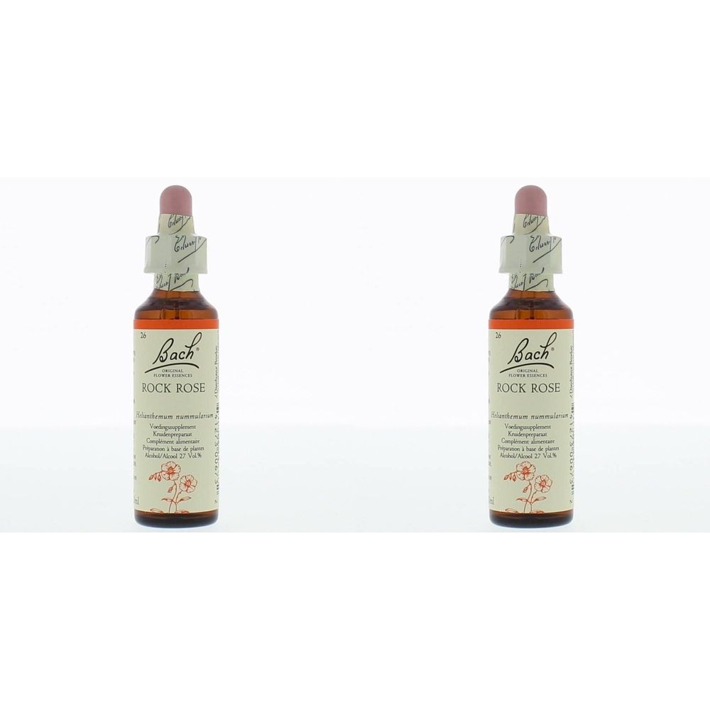 Twee flesjes bruine vloeistof, etiket Rock Rose en Bach-logo. Met druppelaar.