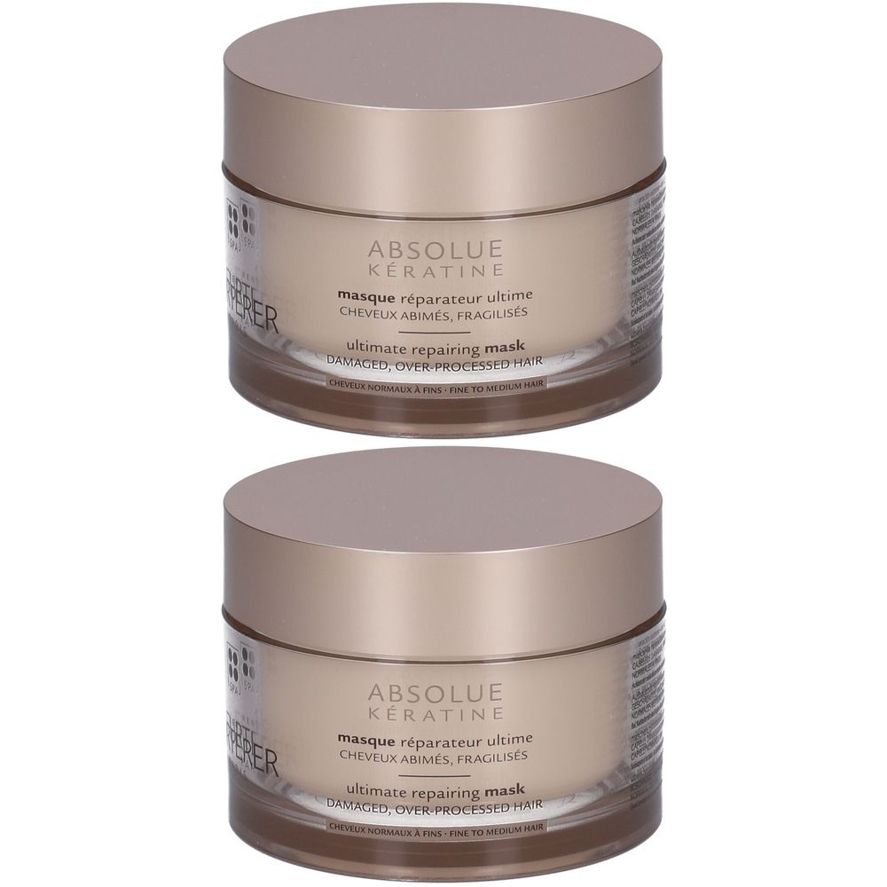 Deux pots avec couvercles. Inscription: ABSOLUE KERATINE, masque réparateur ultime, ultimate repairing mask.