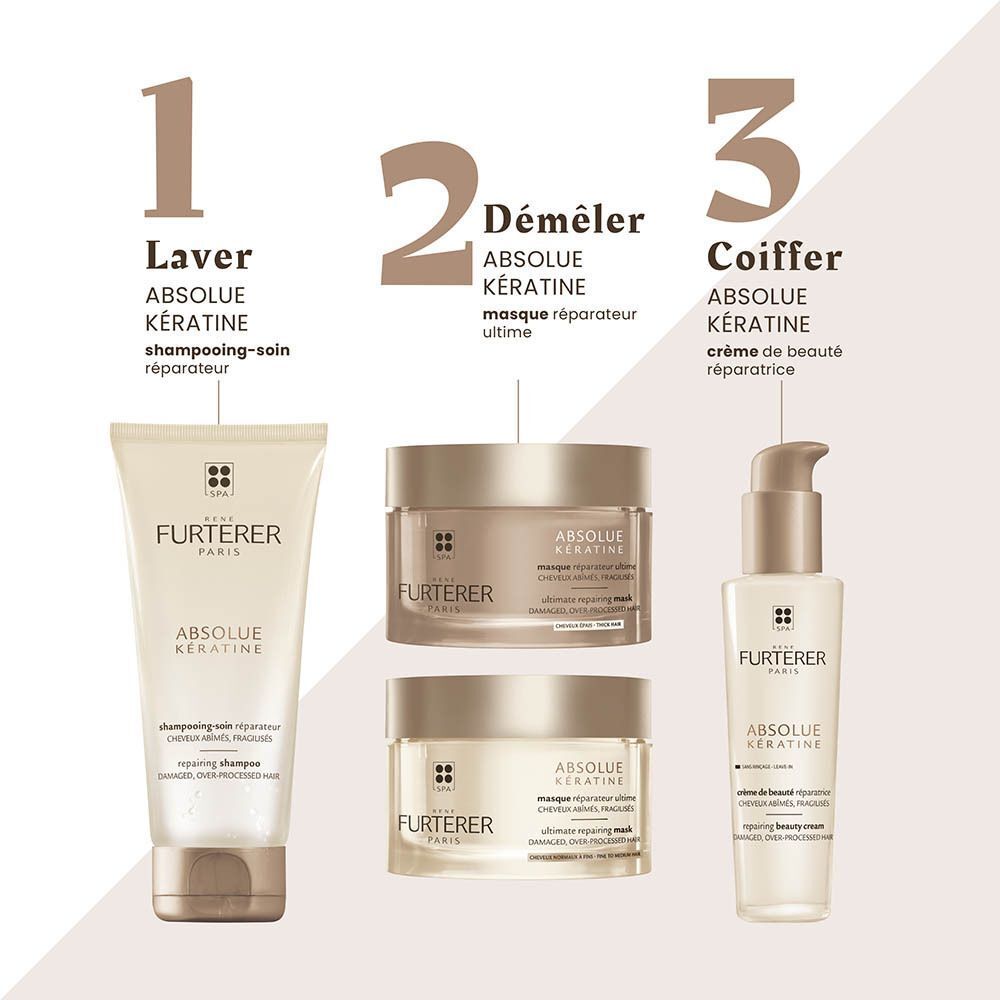 Trois produits de soin capillaire : shampooing, masque et crème. Étiquettes : 'Laver', 'Démêler', 'Coiffer'. Marque : Furterer Absolue Kératine.