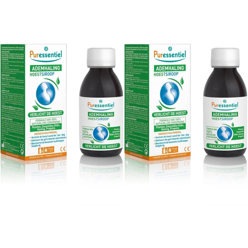 Trois flacons et boîtes de sirop contre la toux Puressentiel. Flacons avec bouchon blanc, liquide foncé et étiquette.