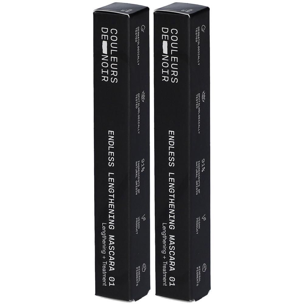 Twee zwarte mascara verpakkingen. Opschrift: Couleurs de Noir, Endless Lengthening Mascara 01 Noir.