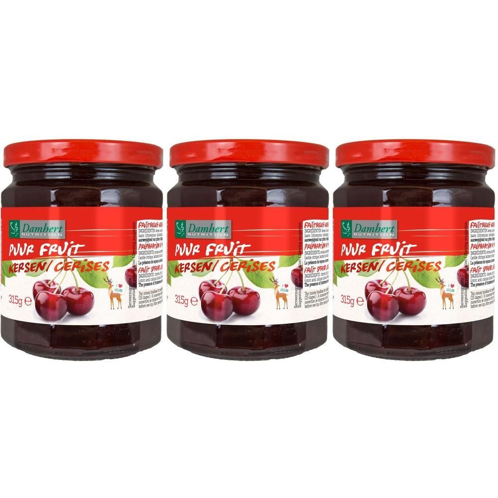 Drie potten Damhert Puur Fruit confituur met kersen. Rode etiketten, rode deksels. Kersen afbeelding.