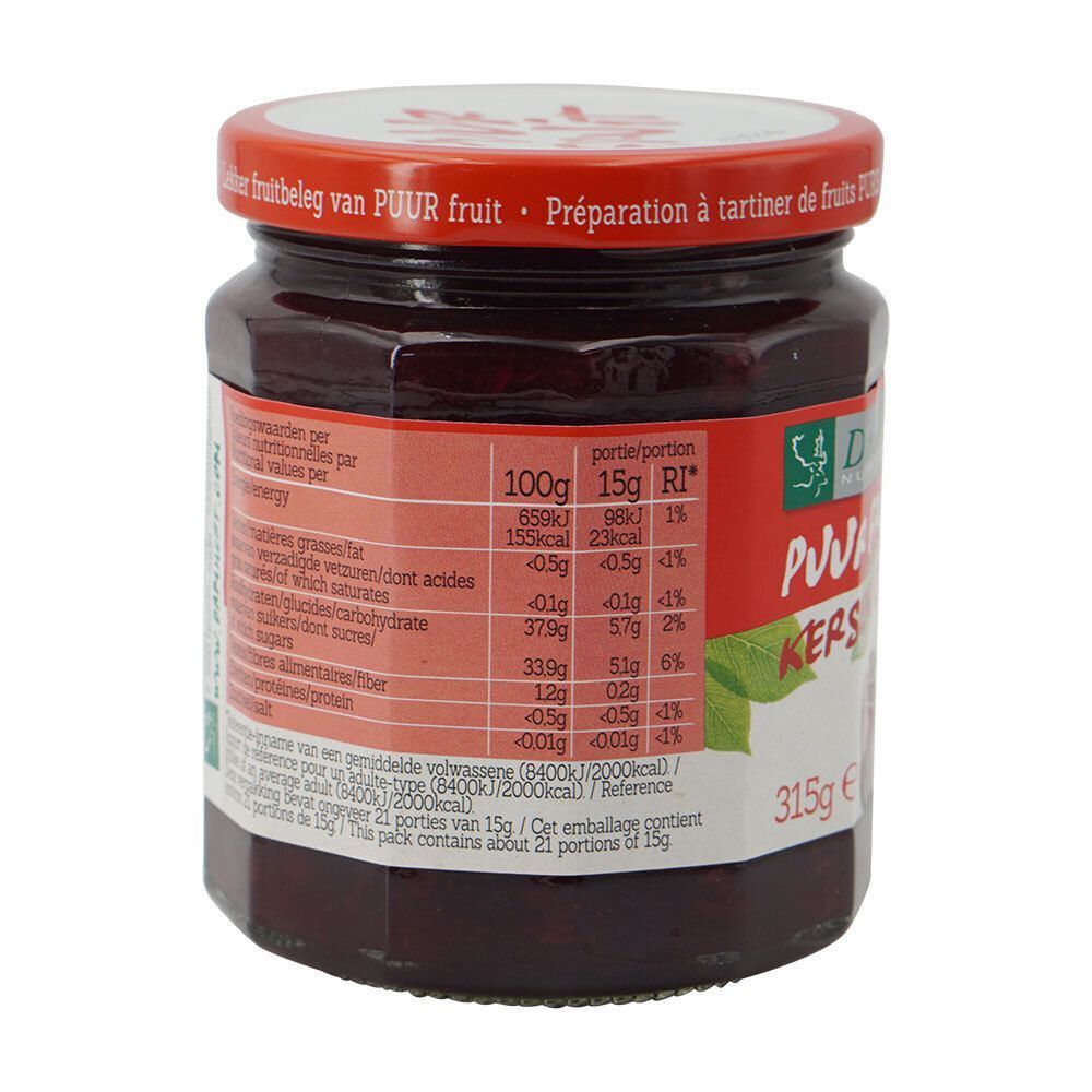 Achterkant van een pot Damhert Puur Fruit confituur met kersen. Rood etiket met voedingswaarde. Rode deksel.