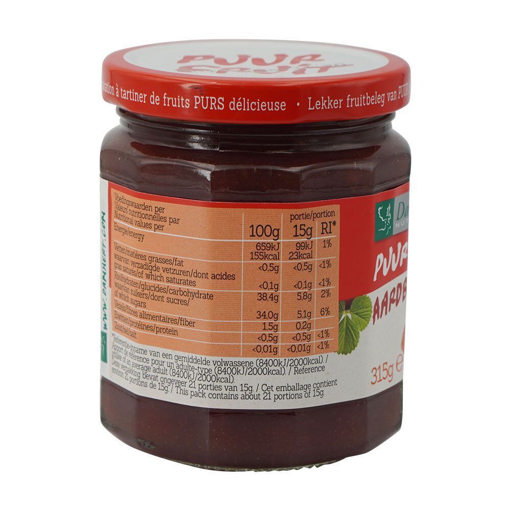 Achterkant van een pot Damhert Puur Fruit confituur met aardbeien. Voedingswaarde. Rode deksel.