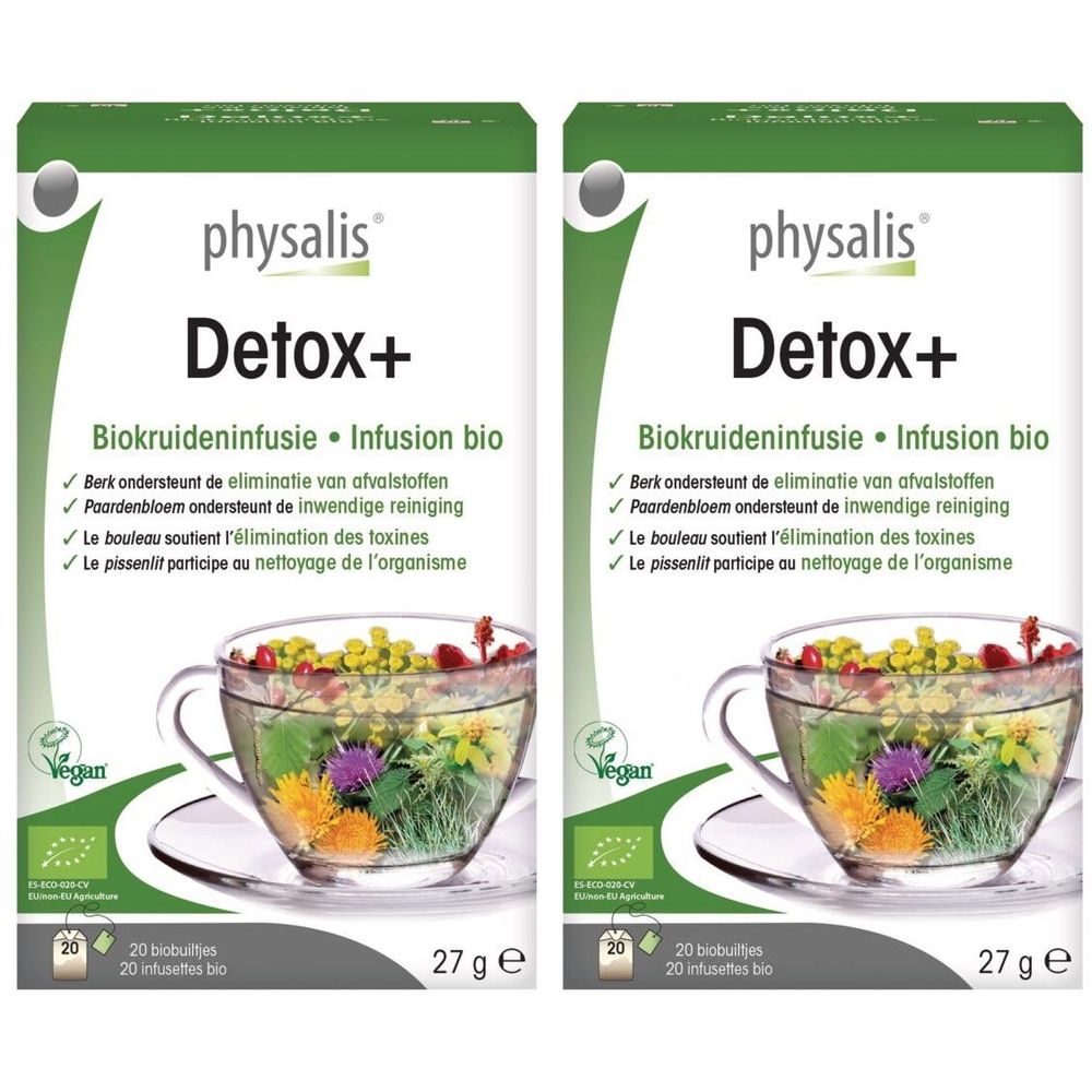Twee verpakkingen Physalis Detox+ Infusion bio. Groen-witte verpakking met productnaam en kopje kruiden.