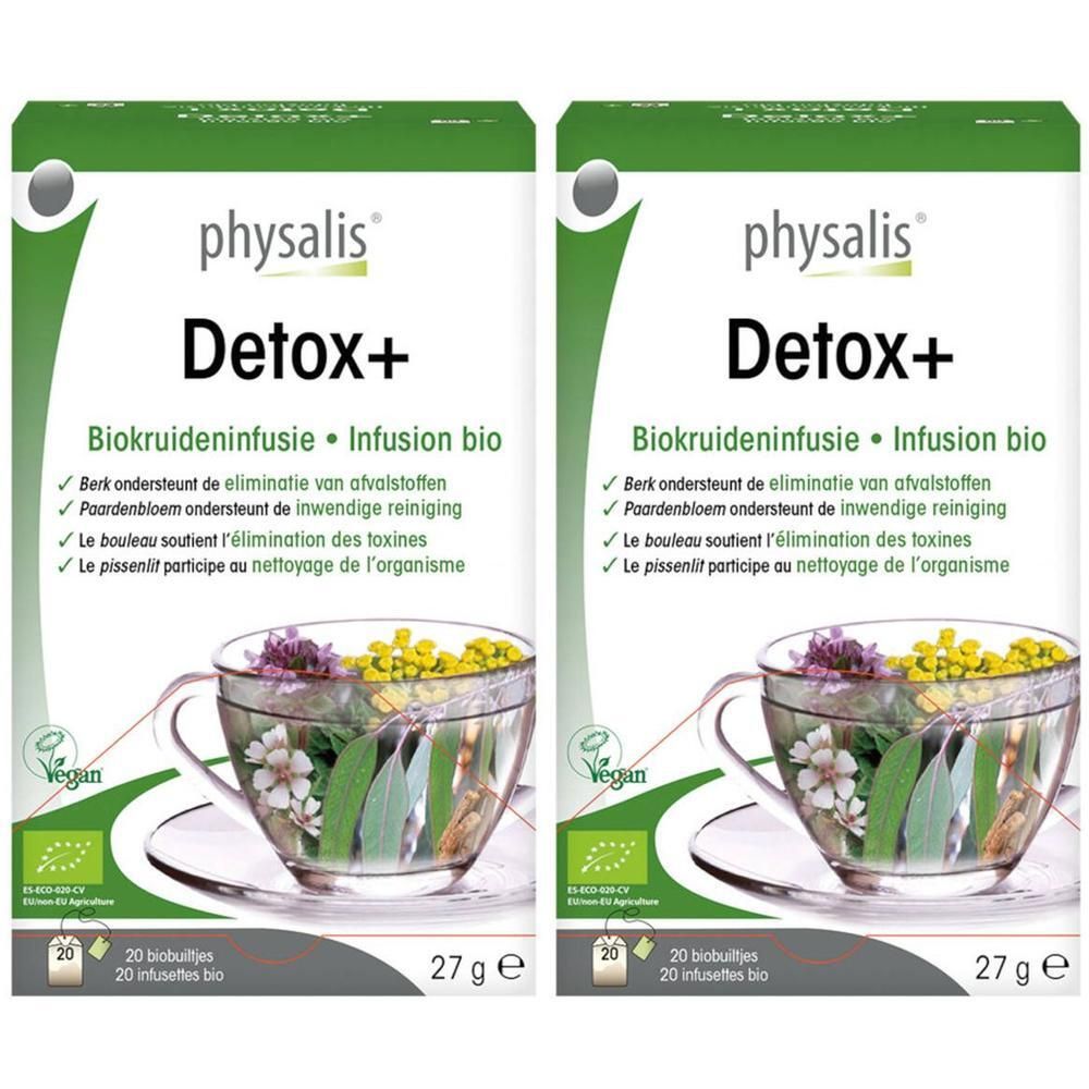 Deux paquets de tisane bio physalis® Detox+ avec 20 sachets chacun.