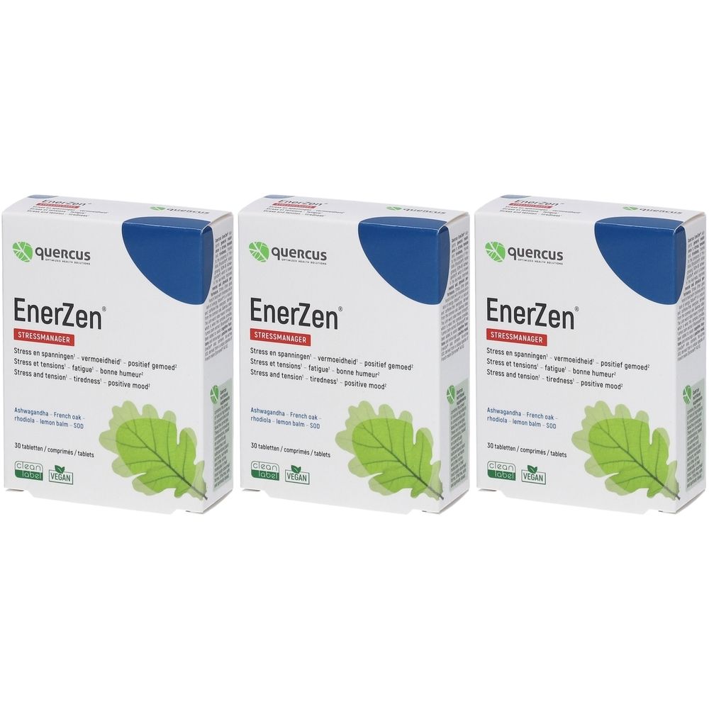 Drie dozen EnerZen Stressmanager. Witte verpakking met blauwe deksel, groen logo en eikenblad. Tekst in meerdere talen.