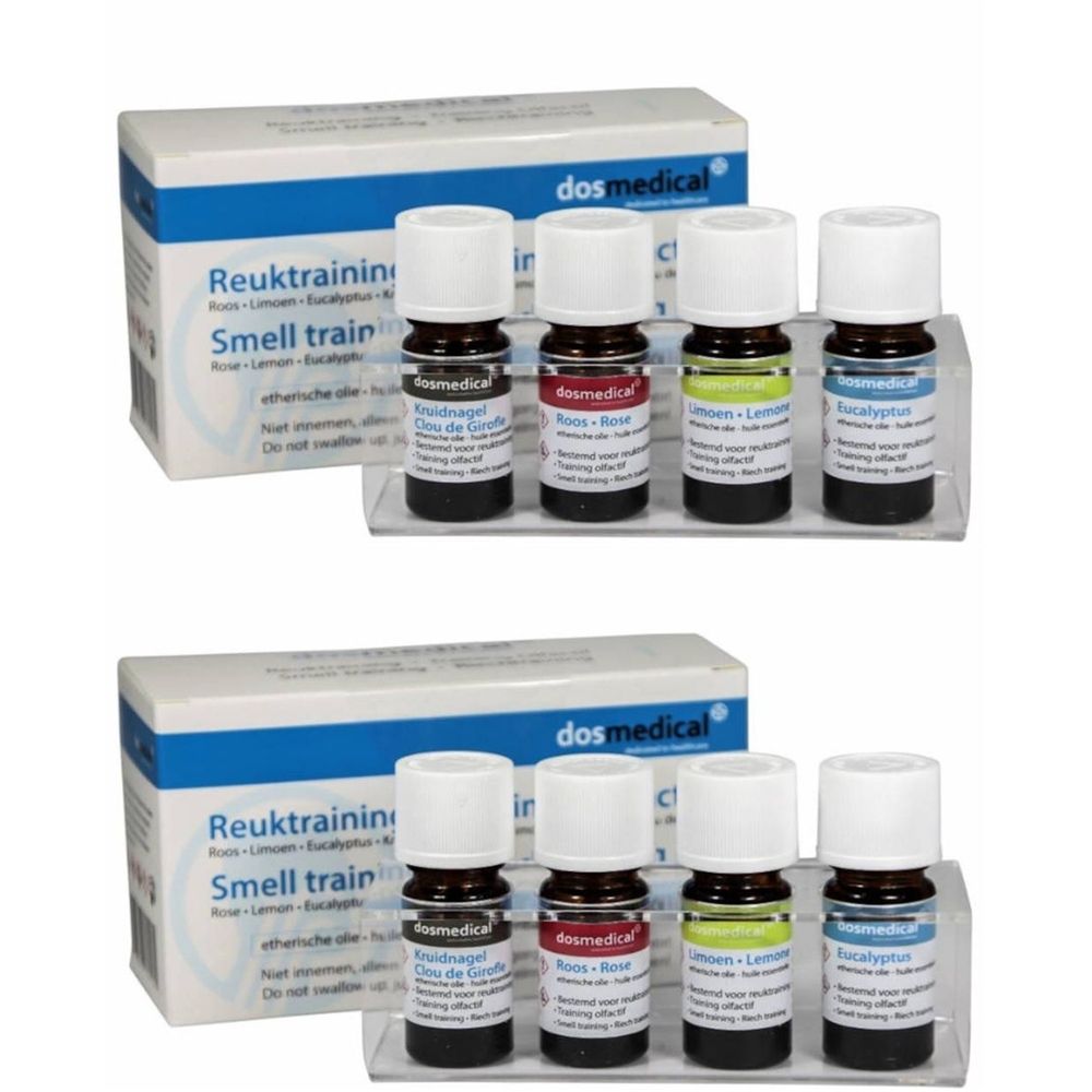 Ensemble de quatre flacons dans un support, emballés dans une boîte. Inscription : Reuktraining, Smell train. Marque : dos medical.