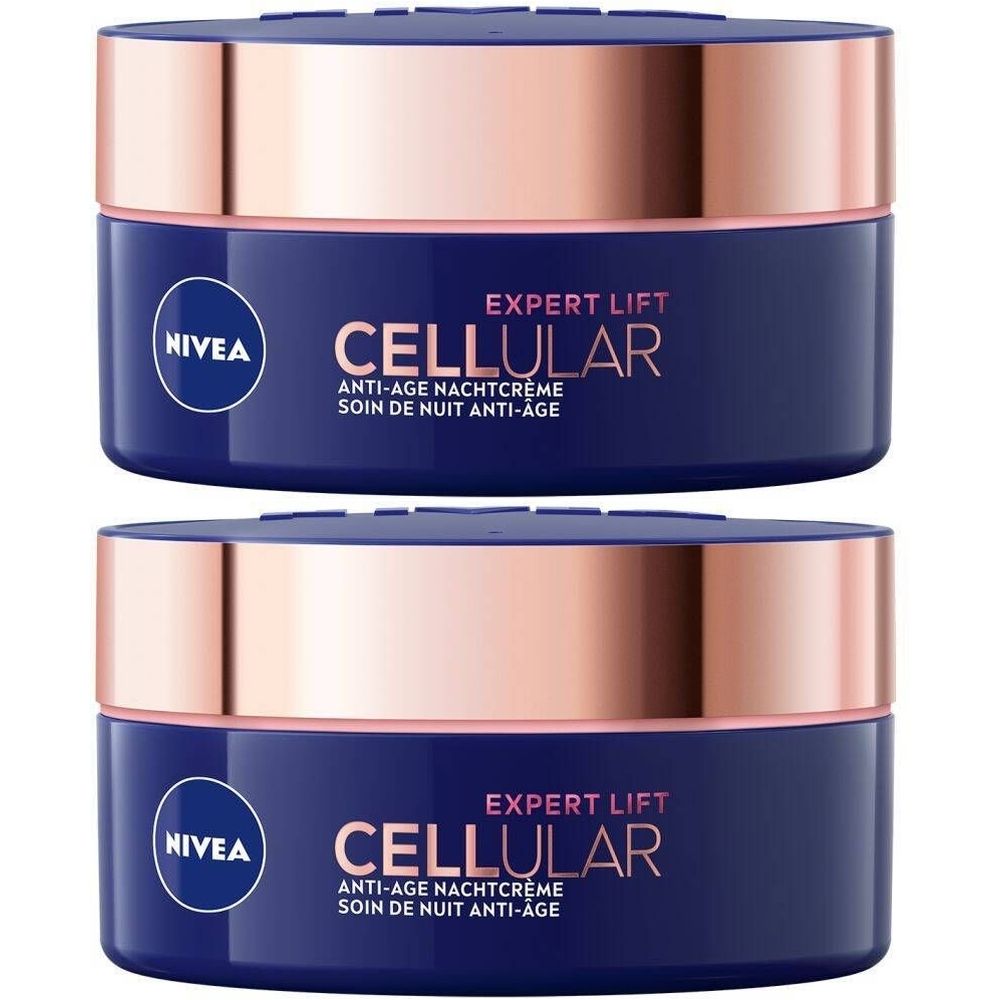 Deux pots bleus avec couvercles or rose. Inscription : NIVEA, CELLULAR, EXPERT LIFT, Anti-Âge Nachtcreme, Soin de Nuit Anti-Âge.