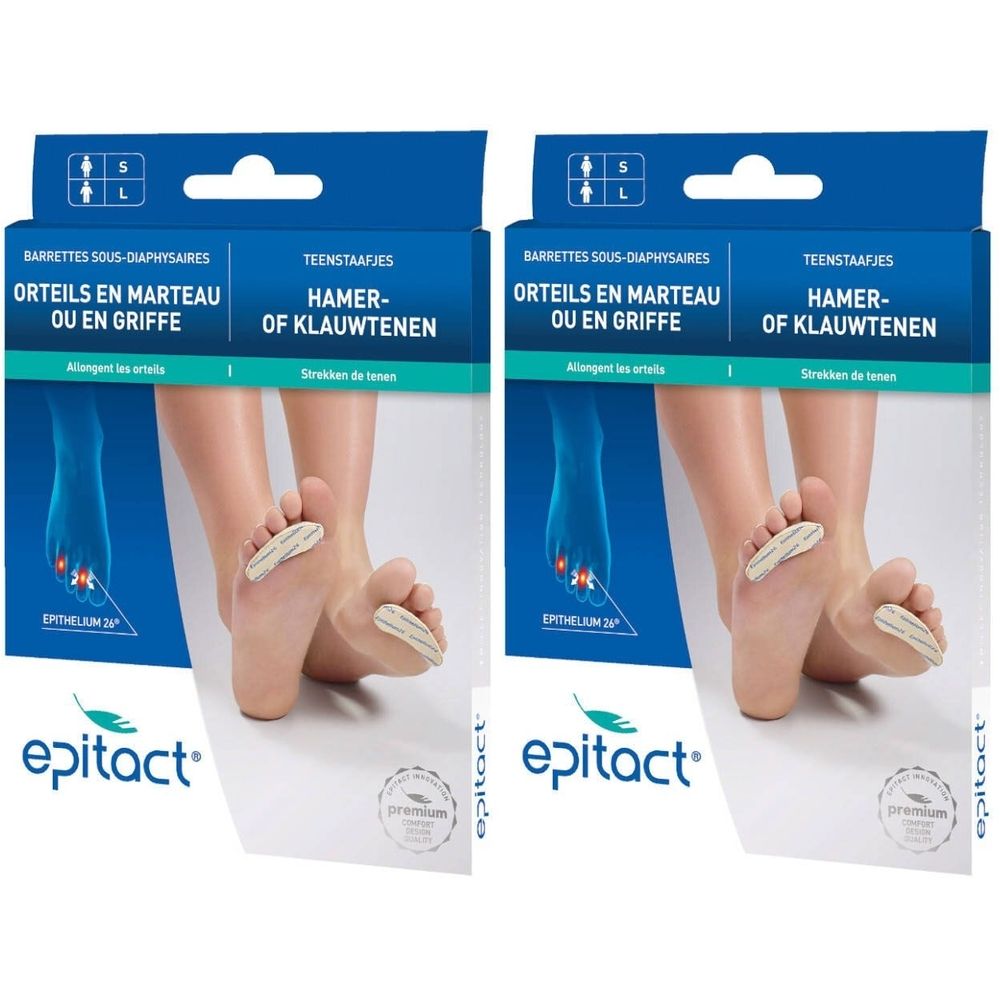 Twee verpakkingen Epitact® teenstaafjes. Opschrift: Hamertenen of klauwtenen. Productafbeelding met voeten.