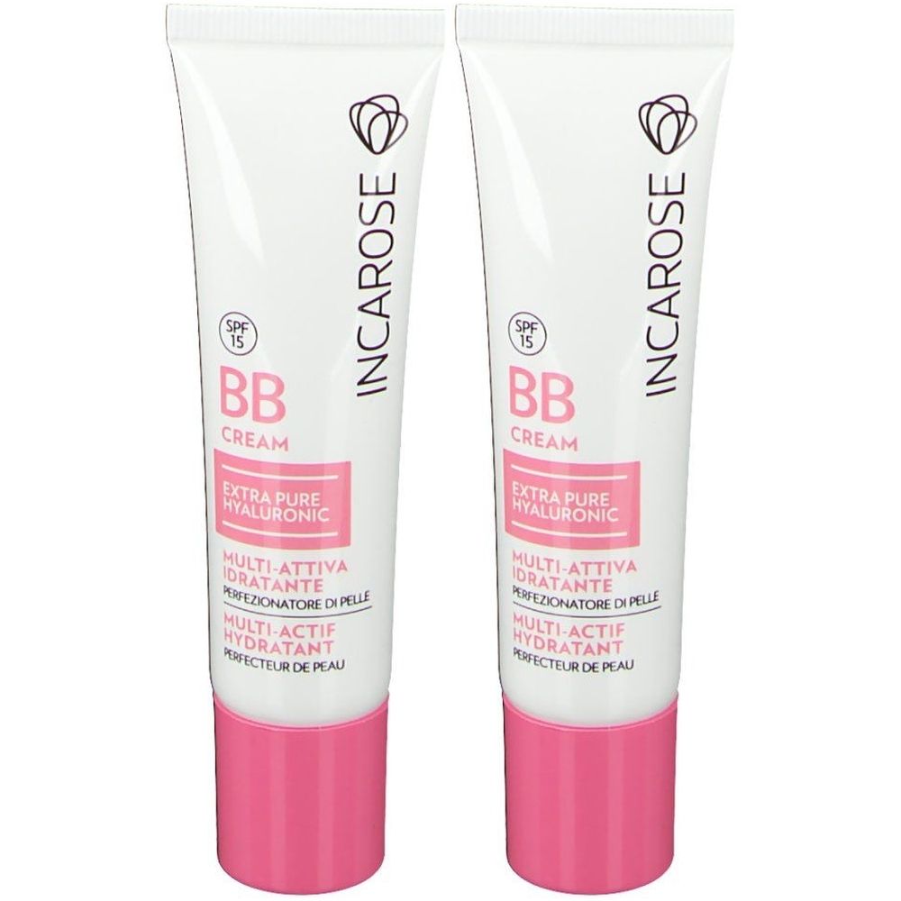 Twee tubes BB Cream. Opschrift: INCAROSE, BB Cream, SPF 15, Extra Pure Hyaluronic. Roze en witte verpakking.