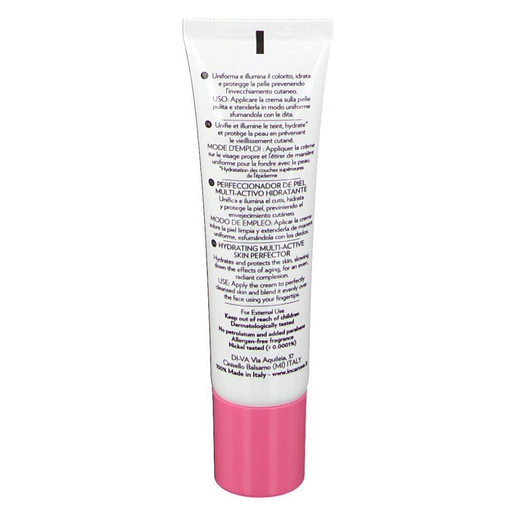 Achterkant van een tube Incarose BB Cream. Tekst in meerdere talen. Bevat informatie over gebruik en ingrediënten.