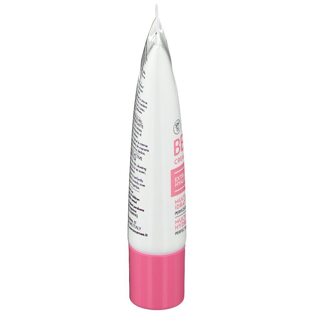 Zijaanzicht van een tube Incarose BB Cream. Wit met roze dop. Tekst: BB Cream, Extra Pure Hyaluronic, Multi-Attiva Idratante.