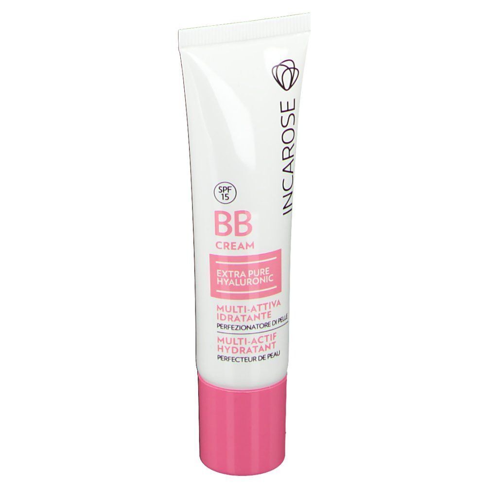 Een tube Incarose BB Cream SPF 15. Witte tube met roze dop. Tekst: BB Cream, Extra Pure Hyaluronic, Multi-Attiva Idratante.