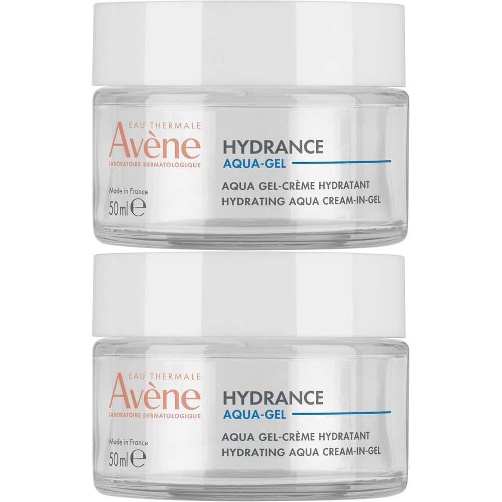 Deux pots de crème Avène Hydrance Aqua-Gel. Couvercles blancs, pots transparents. Inscription: Hydrance Aqua-Gel, Aqua Gel-Crème Hydratant, 50ml.