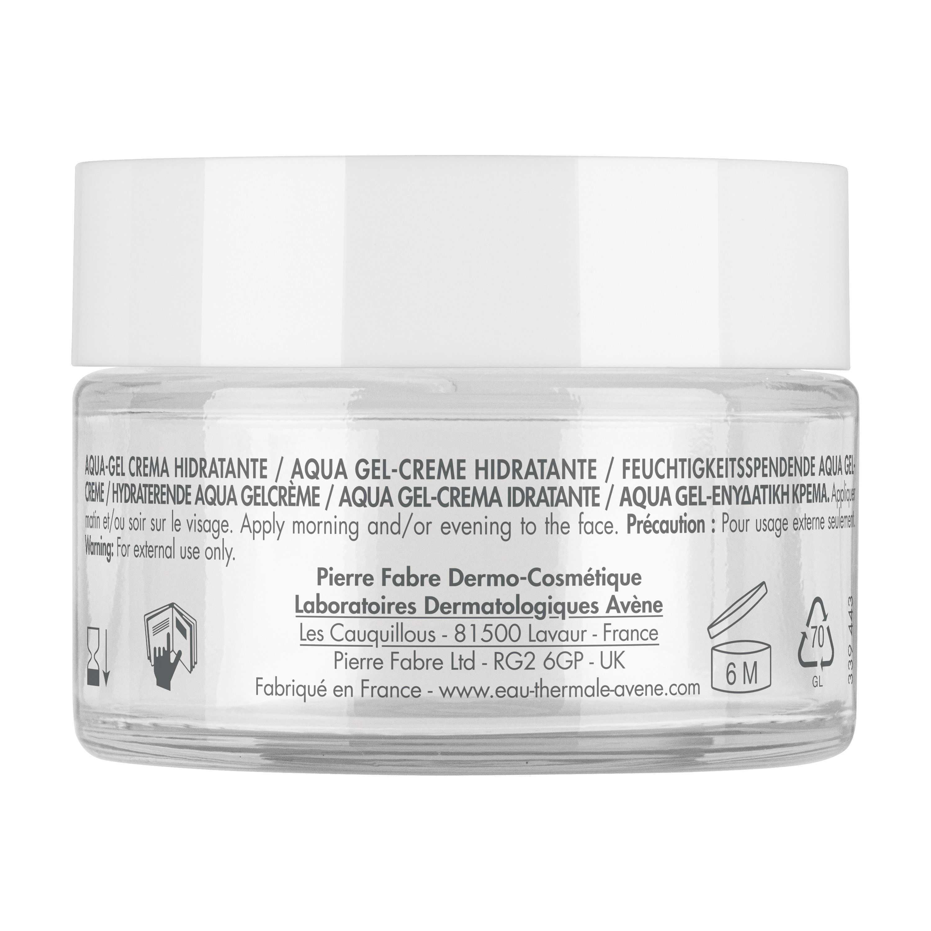 Achterkant van een Avène Hydrance Aqua Gel potje met productinformatie en fabrikantgegevens.