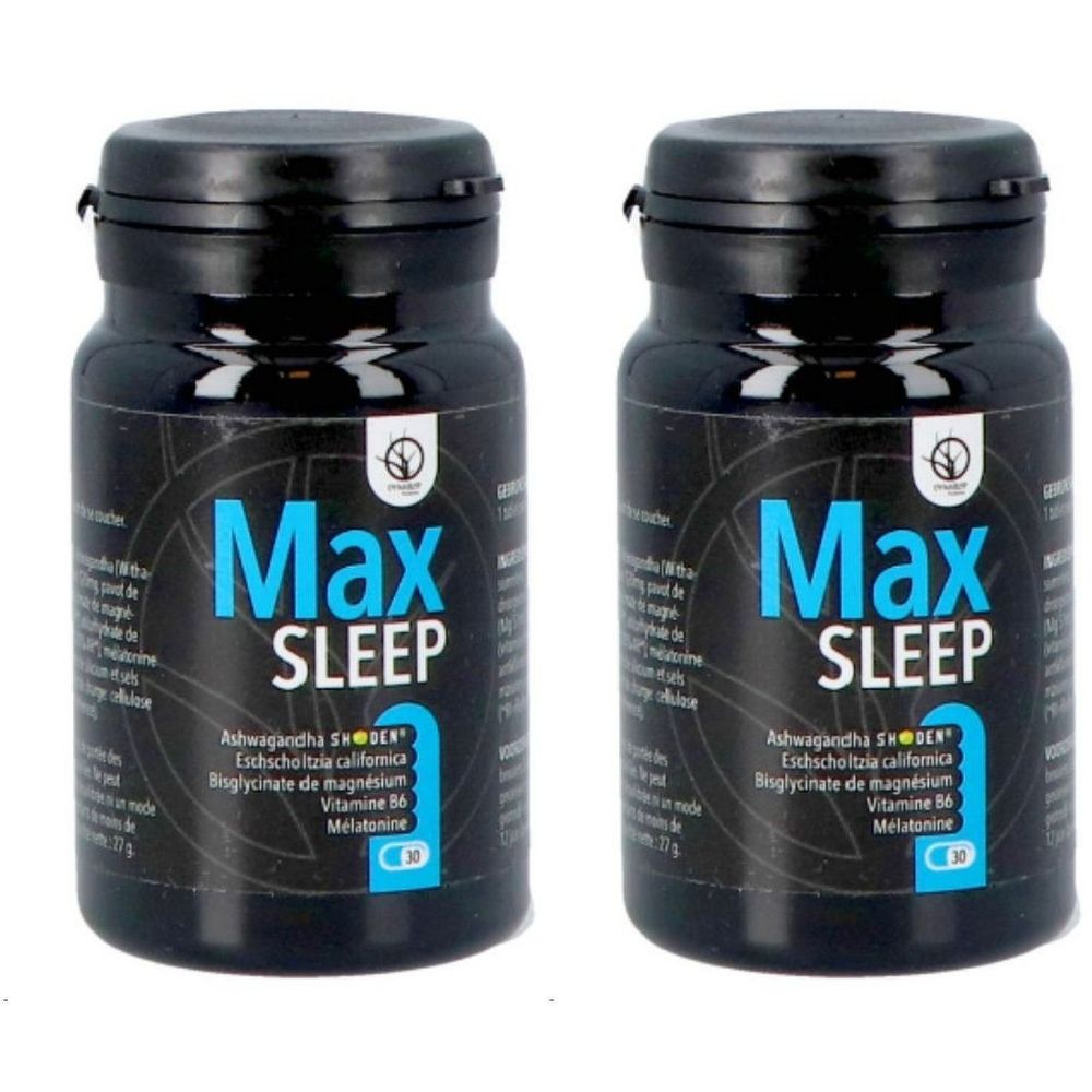 Deux flacons noirs avec l'inscription "Max SLEEP" en turquoise. Inscription : Ashwagandha, Eschscholtzia californica, magnésium, vitamine B6, mélatonine.