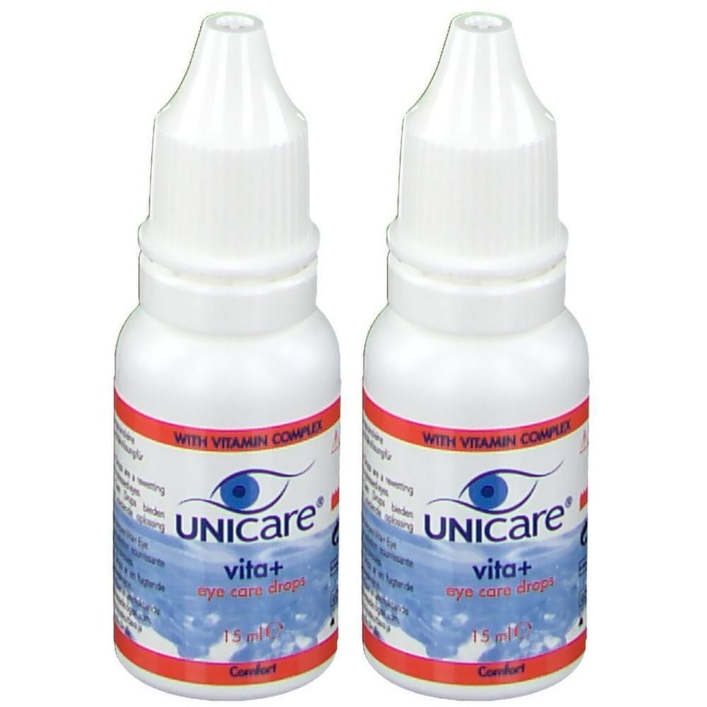 Twee witte flessen Unicare Vita+ oogdruppels. Rode en blauwe opdruk. Met vitaminecomplex. 15 ml.