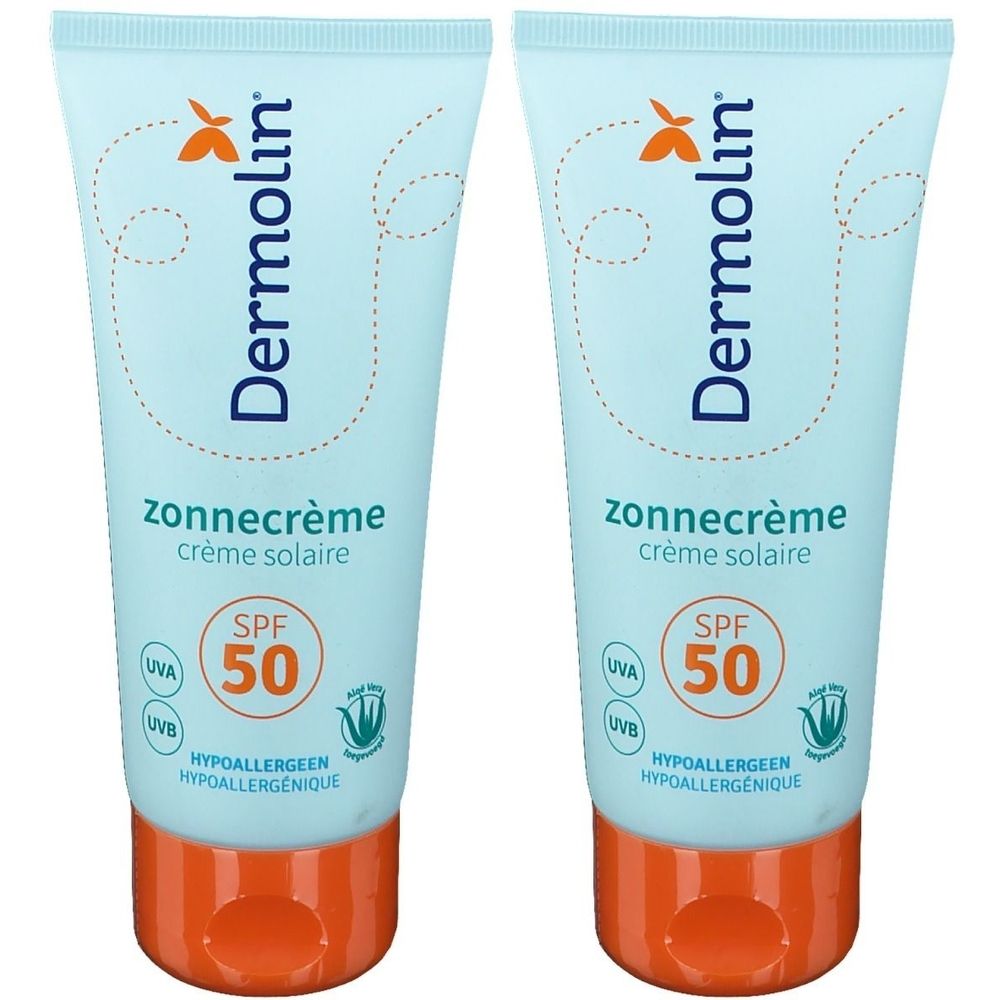 Twee tubes zonnecrème. Lichtblauwe tubes met oranje doppen. Opschrift: Dermolin, zonnecrème, SPF 50, hypoallergeen.