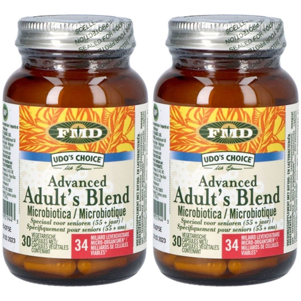 Twee bruine glazen flessen met capsules. Opschrift: Udo's Choice Advanced Adult's Blend Microbiotica. 30 capsules, 34 miljard levende cellen.