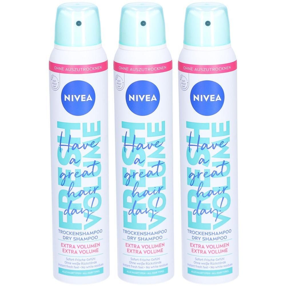 Trois flacons de shampooing sec Nivea. Blanc, bleu clair et rose. Inscription : Extra Volume, Have a great hair day.