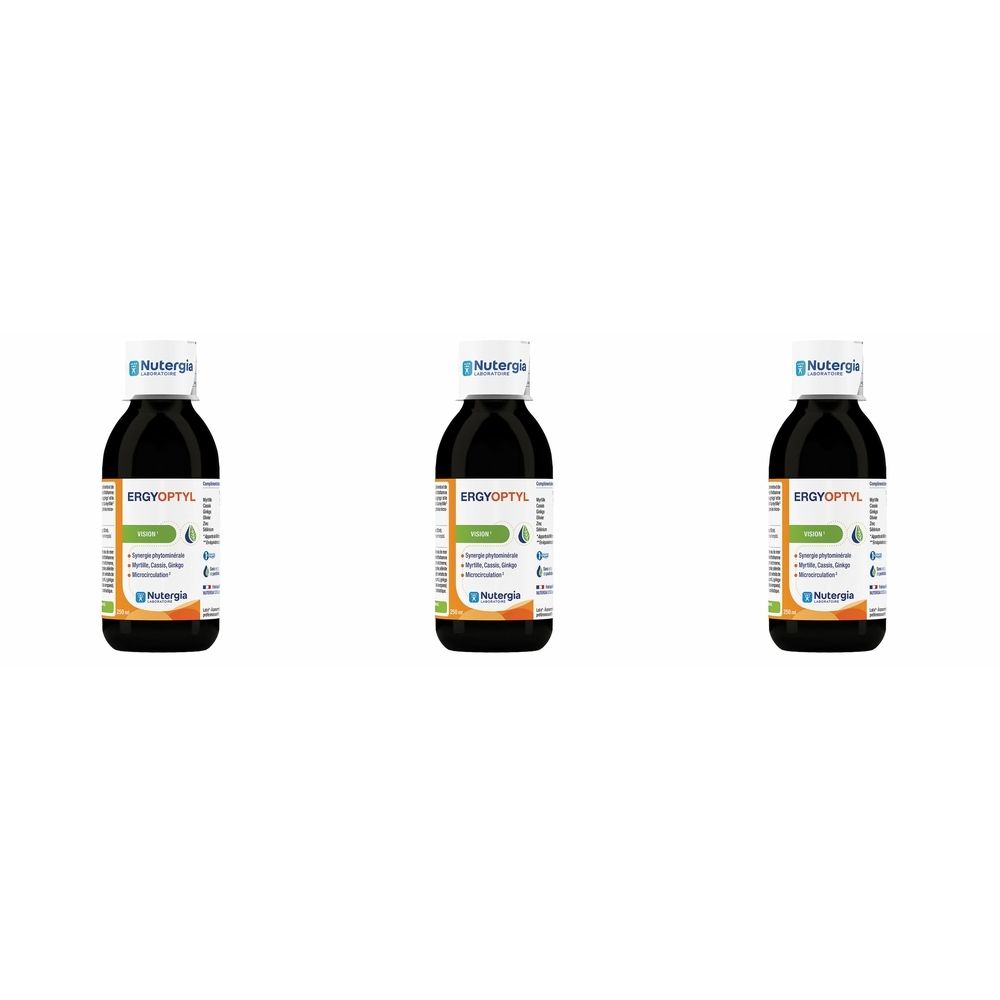 Drie flessen met donkere vloeistof. Labels met productnaam en logo. Witte doppen. Opschrift: Ergyoptyl.